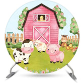 Lofaris Round Pink Wood Barn Floral Animal Birthday Backdrop